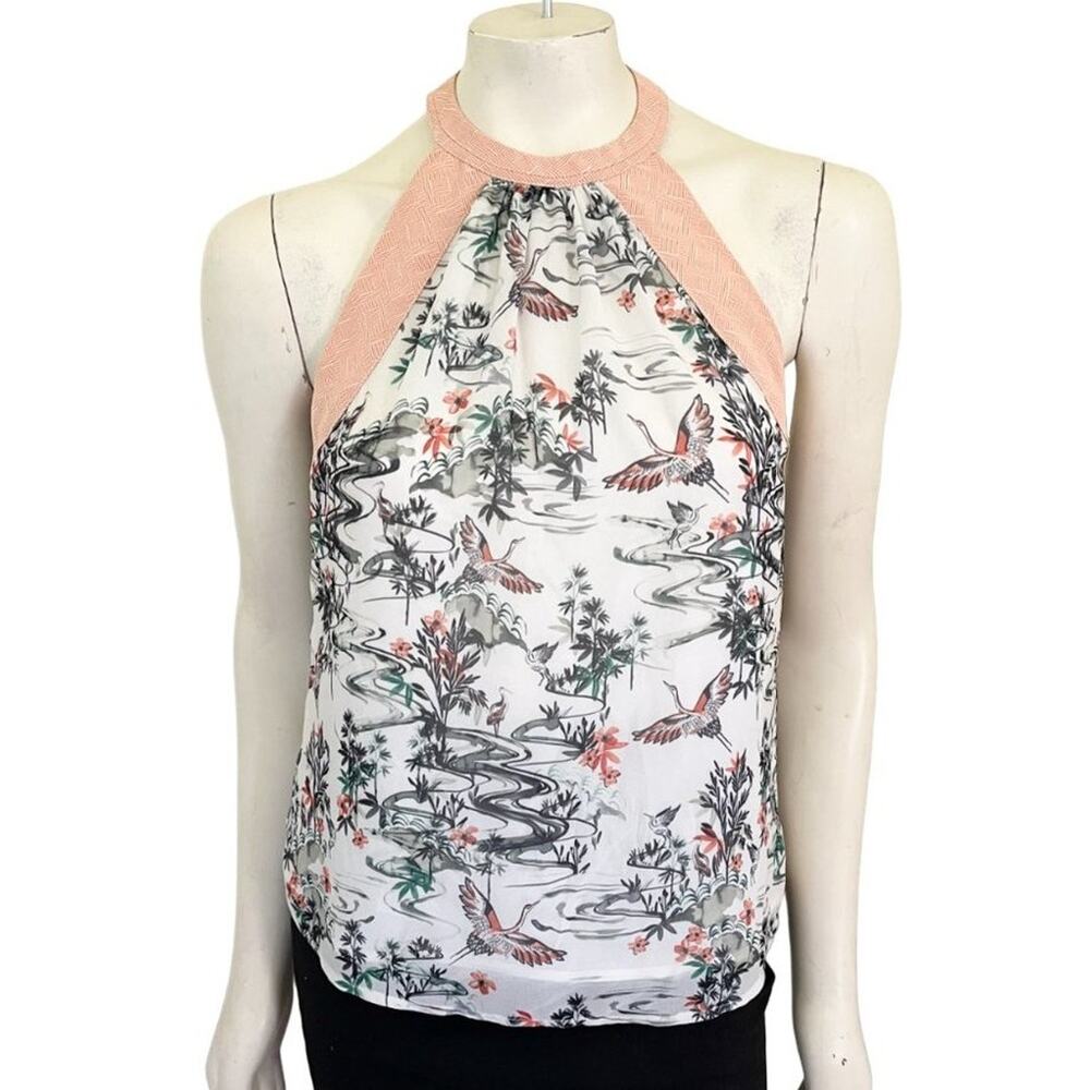H&M Asian Garden Crane Bird Print Halter T-back Blouse SZ 6